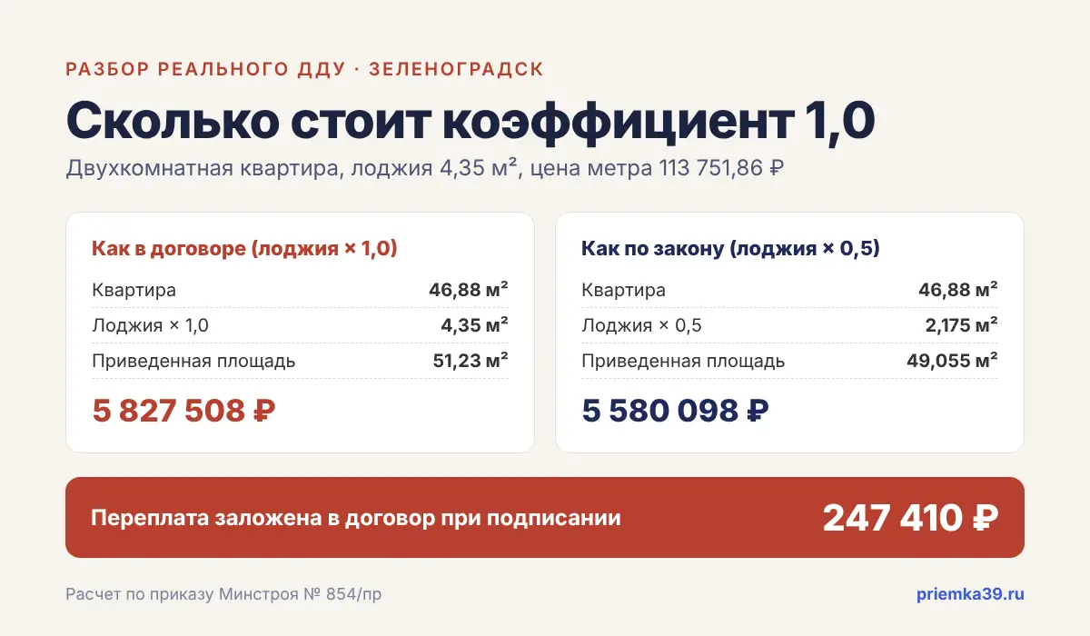 Расчет переплаты по ДДУ при коэффициенте лоджии 1,0 вместо 0,5
